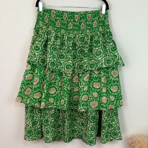 House Of Harlow 1960 100% Cotton Green Floral Tiered Skirt sz L Boho Cottagecore